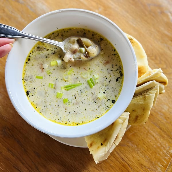 Creamy Mediterranean soup with green onions and spices, served with pita bread on a wooden table.