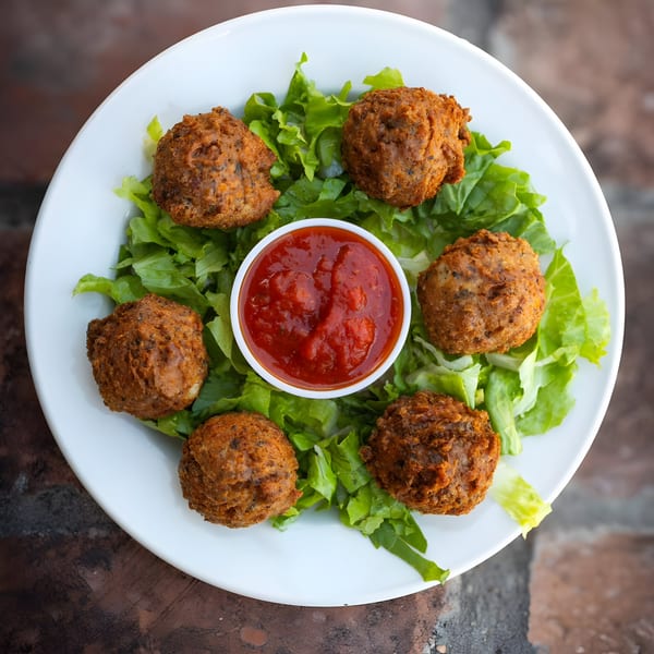 Six falafel balls on a bed of lettuce with a small bowl of red sauce in the center.